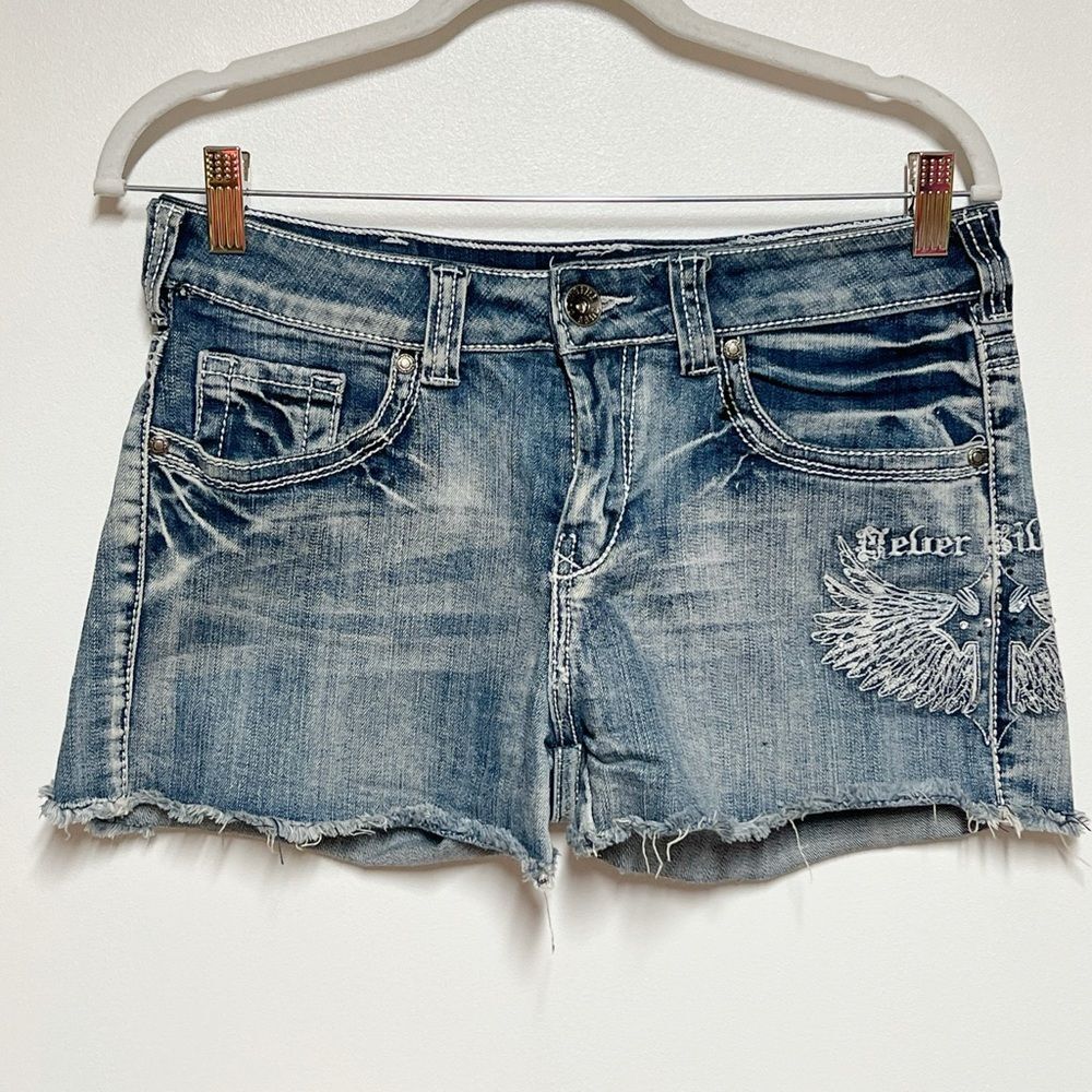 Cowgirl Tuff “ A Wing And A Prayer “ distressed Denim Embossed Shorts Sz 29